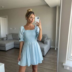 Smocked Baby Doll Mini Dress Blue Square Neck Boho Coquette Bubble Sleeve